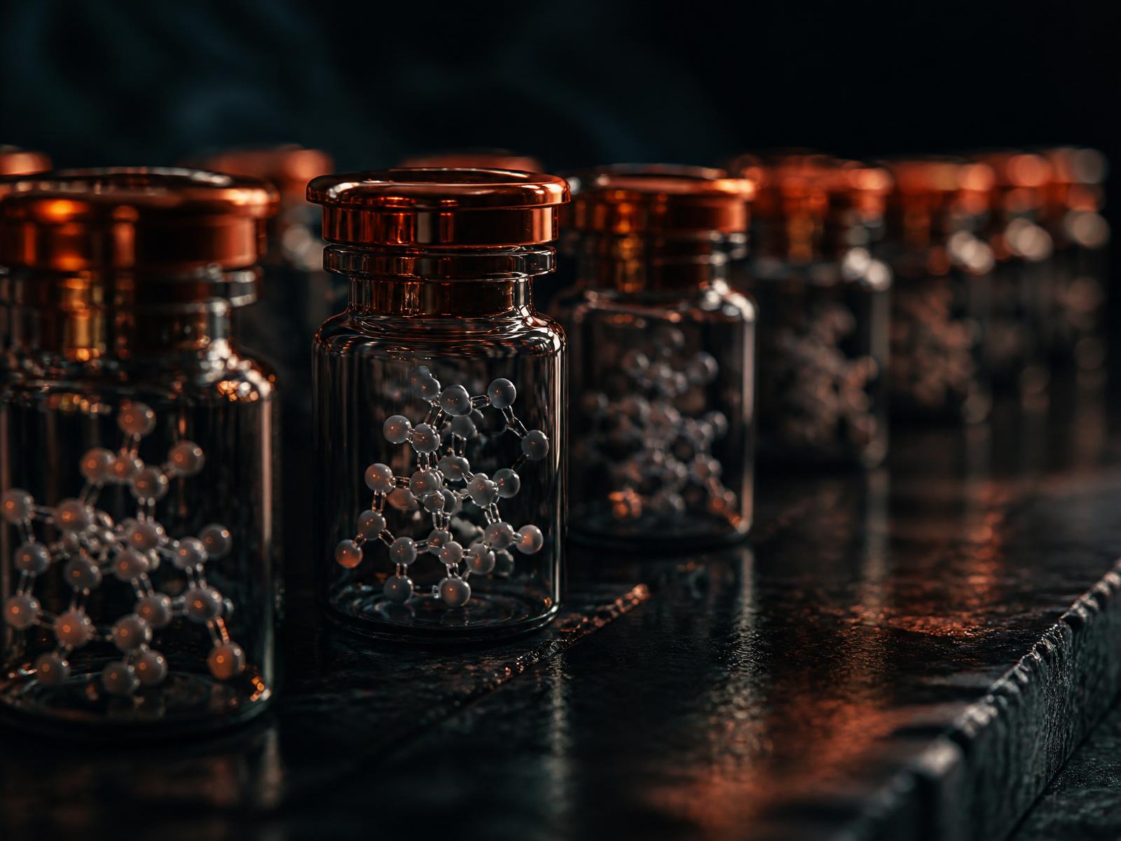 Peptide vials with copper caps on a dark laboratory surface
