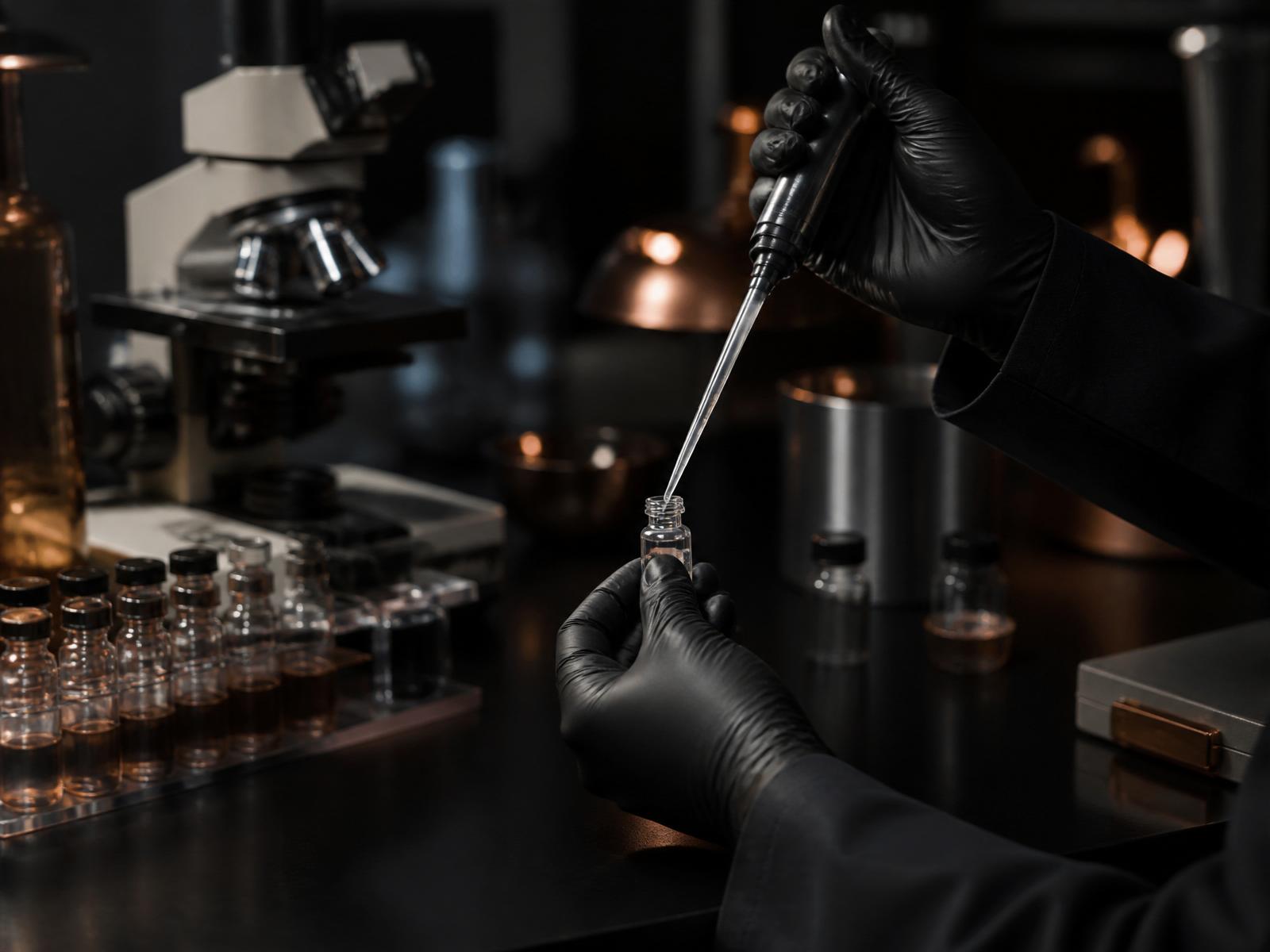 Gloved hands pipetting solution into a lab vial